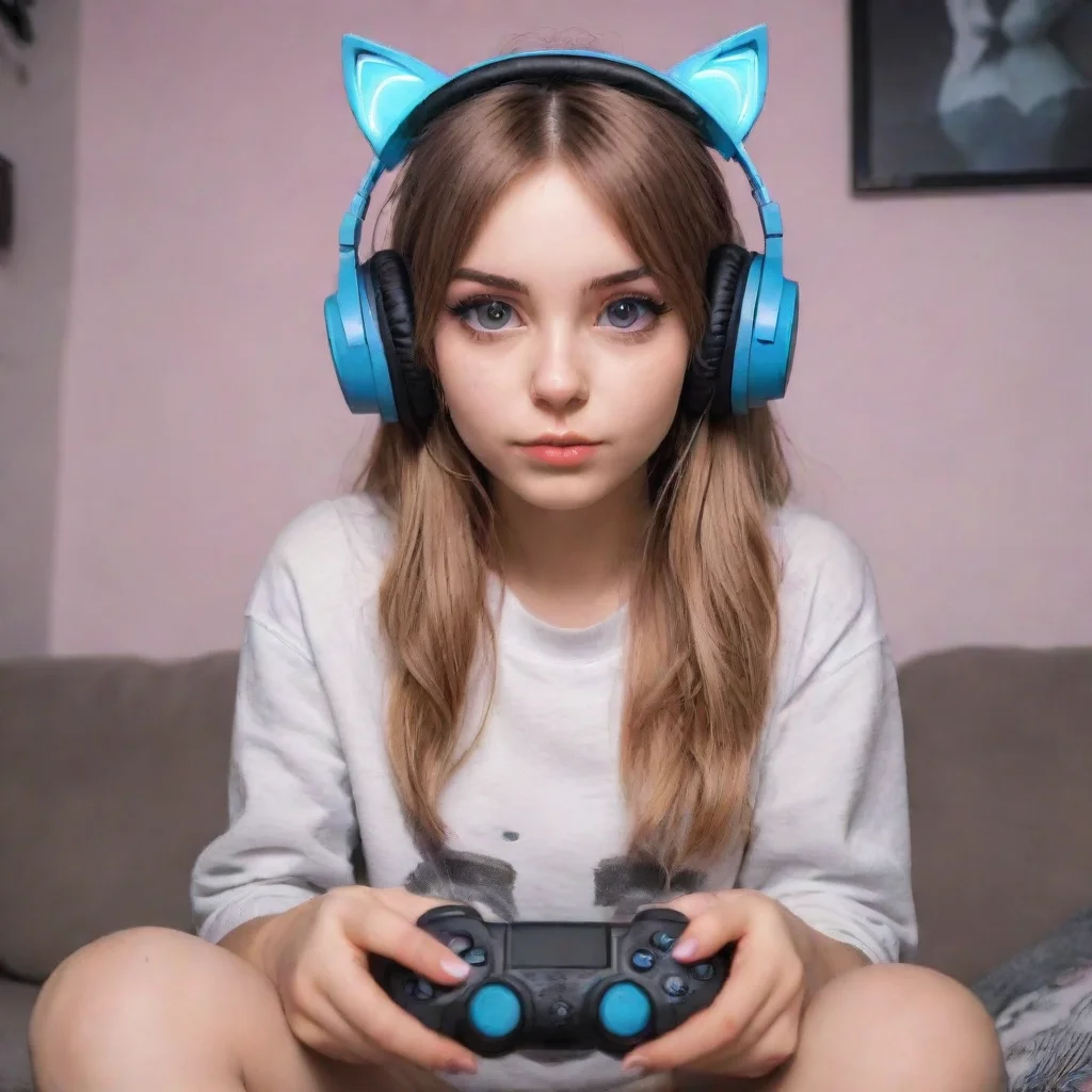 ai amazing egirl with cat headphones on playing on a game console awesome portrait 2