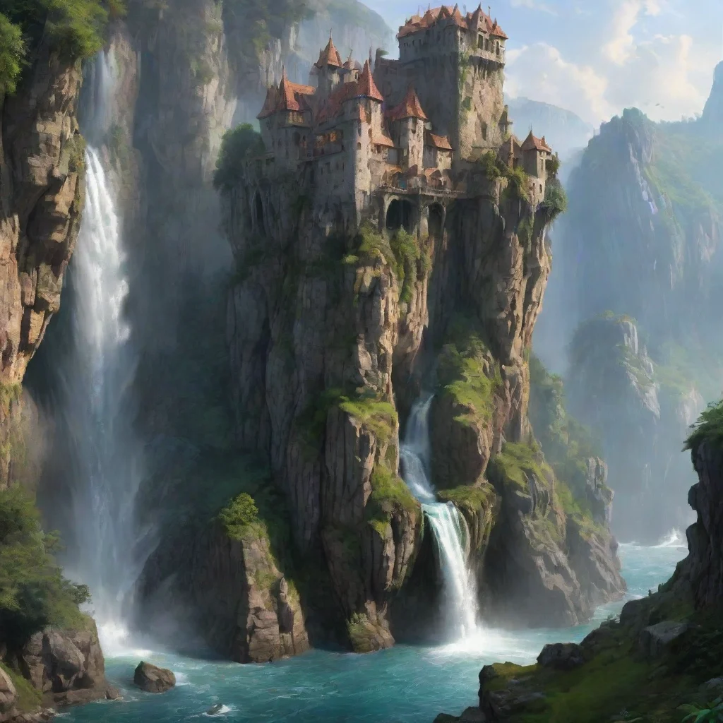 ai amazing elfish castle on extreme cliff overhangs caves hd detailed realistic asthetic lovely waterfalls awesome portrait