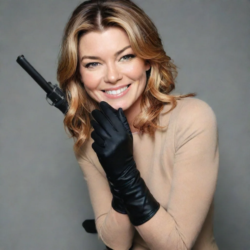 ai amazing ellen pompeo smiling with black gloves and gun awesome portrait 2