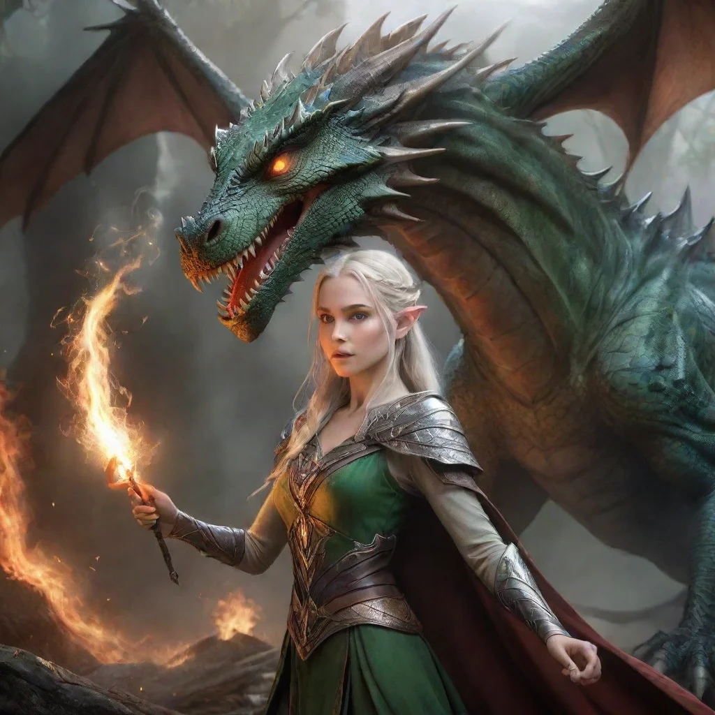  amazing elven princess casts a spell in front of attacking dragon awesome portrait 2 wide