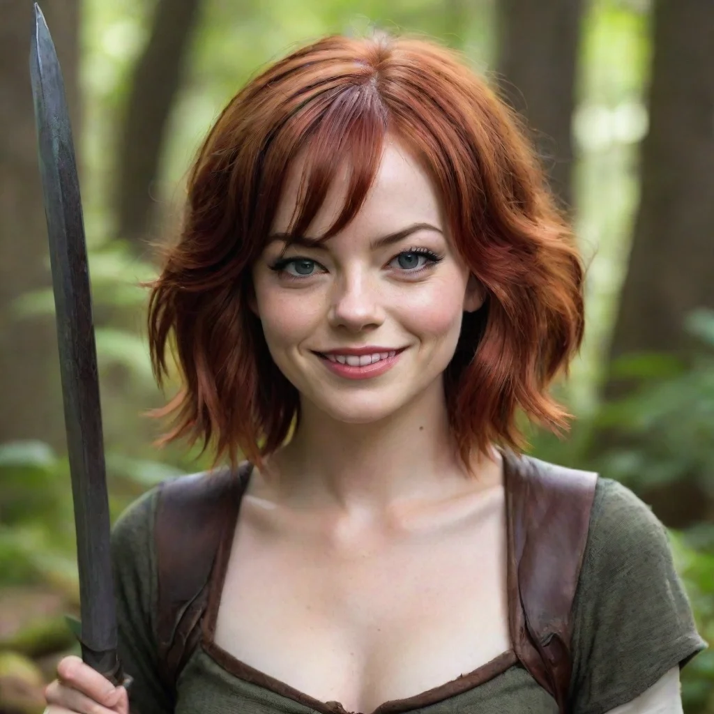  amazing emma stone as a druid rogue dnd red hair beautiful petite dagger strapped to her body symmetrical face grinning 