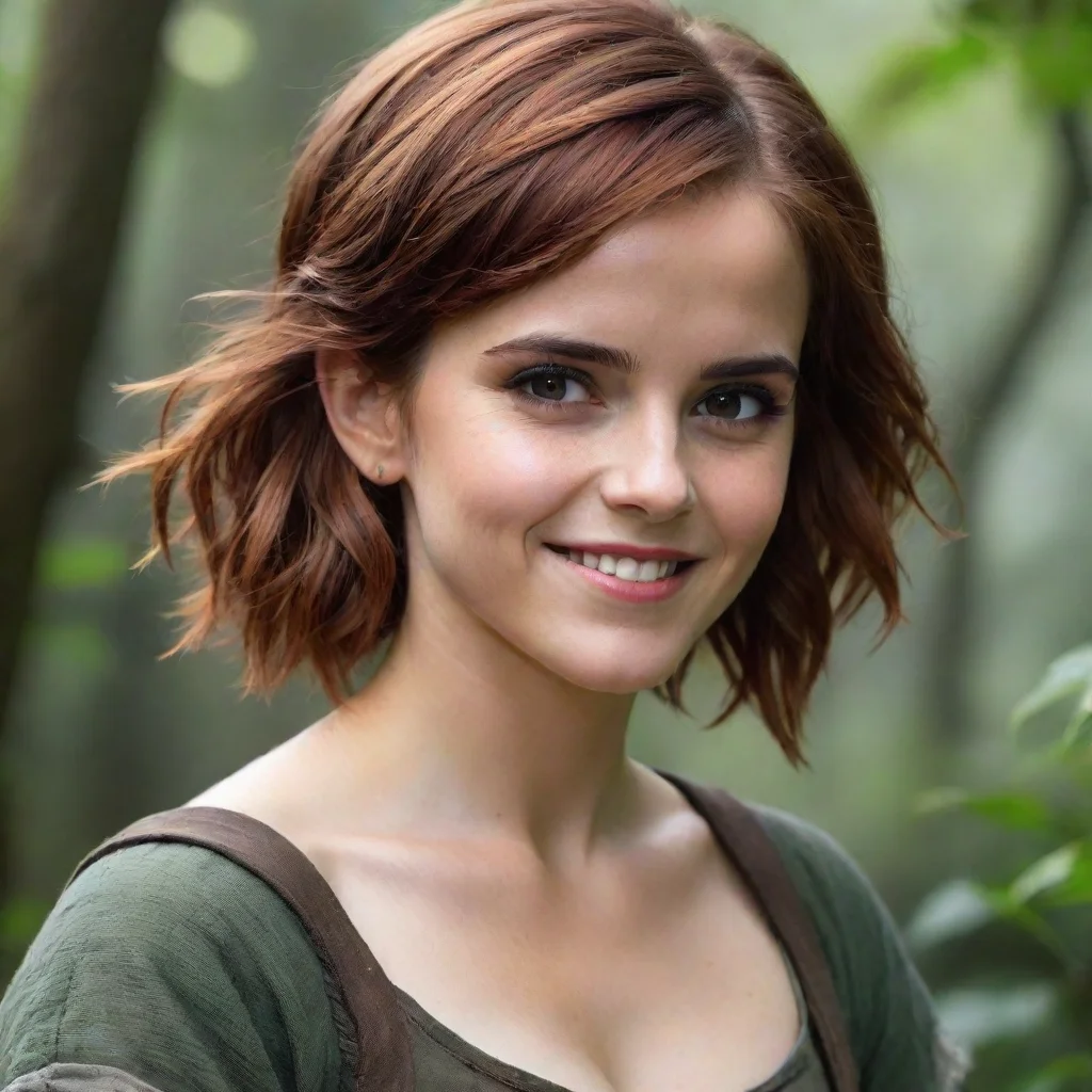  amazing emma watson as a druid rogue dnd short red hair beautiful petite symmetrical face grinning mischiev awesome port