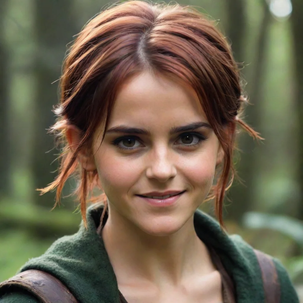  amazing emma watson as a druid rogue dnd short red hair beautiful petite symmetrical face smirking mischiev awesome port
