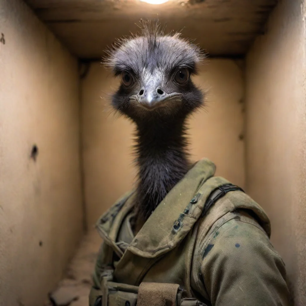 ai amazing emu in a bunker wearing combat gear awesome portrait 2