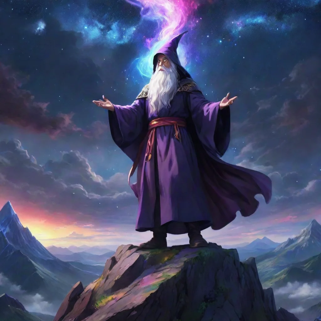  amazing epic anime artwork of a wizard atop a mountain at night casting a cosmic spell into the dark sky that says stabl