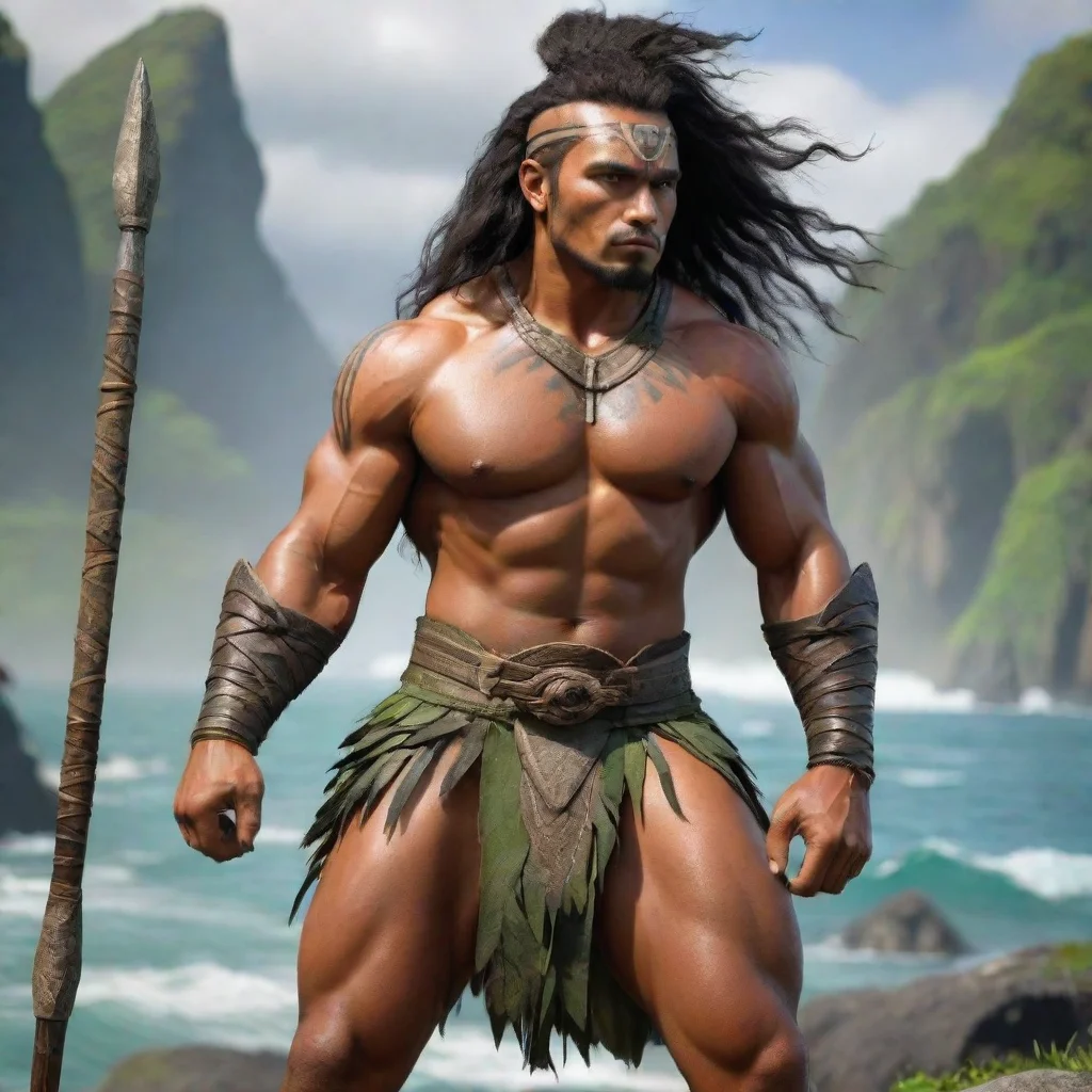 ai amazing epic character strong warrior pacific islander greenstone spear fearsome hd wow awesome portrait 2 landscape43