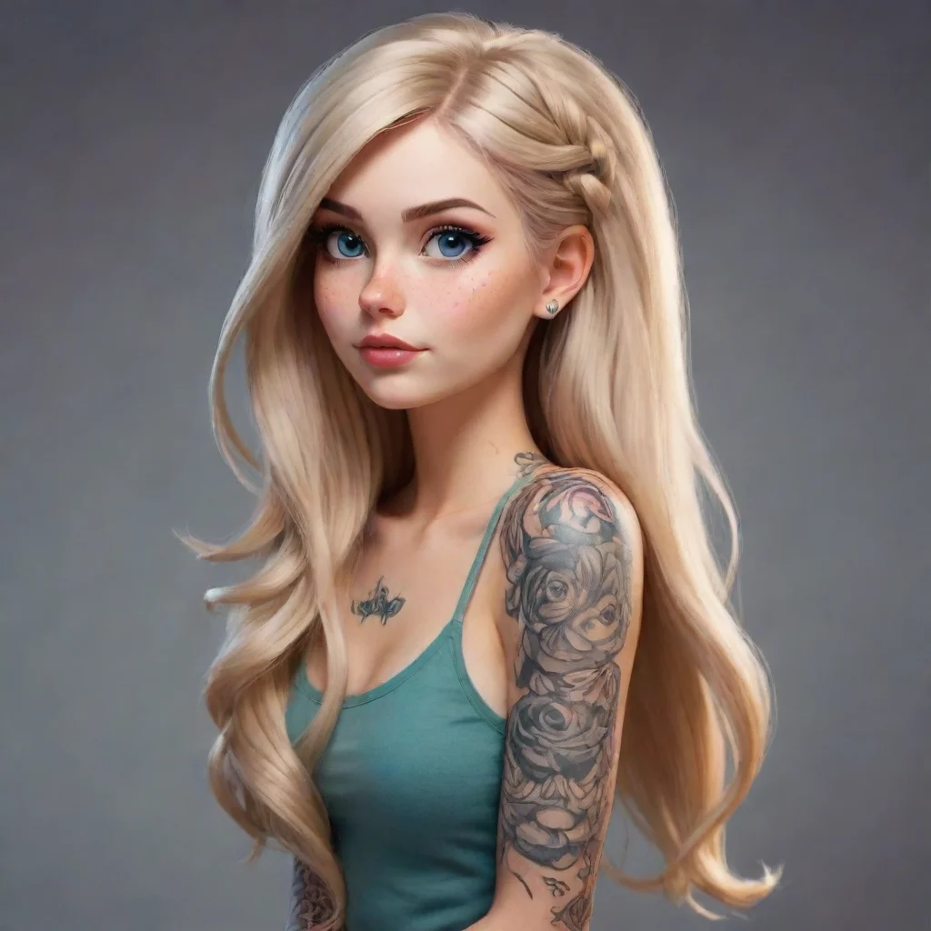 ai amazing epic female character long blonde hair ontop hipster good looking arm tatoo clear clarity detail cosy realistic 