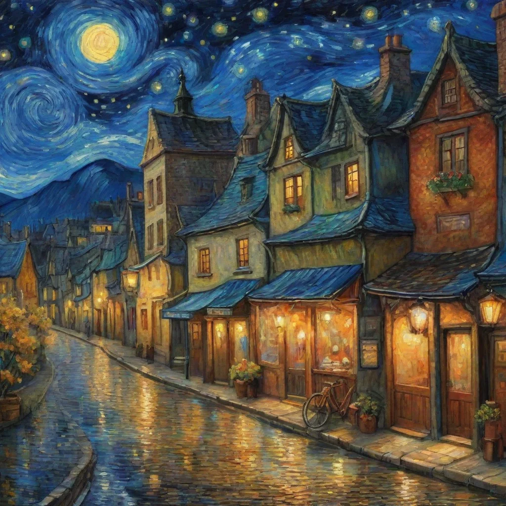 ai amazing epic lovely artistic ghibli van gogh stary night anime town detailed asthetic awesome portrait 2 wide