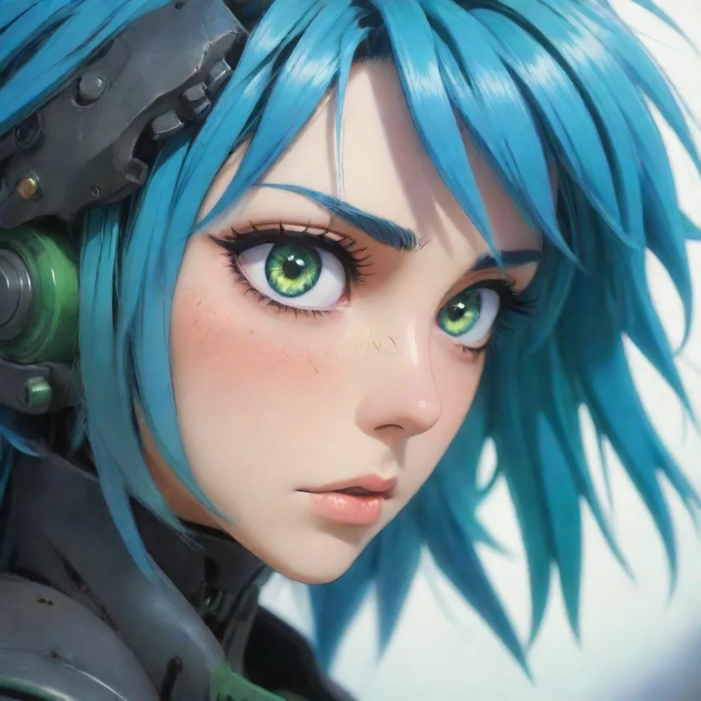 amazing epic strong close up semi robot blue hair green blue orange multicolor eyes beautiful hd anime ghibli strong gri