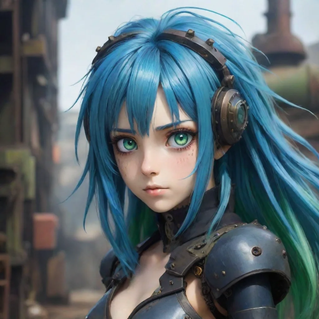  amazing epic strong immortal semi robot blue hair one green one blue eye beautiful hd anime ghibli strong gritty environ