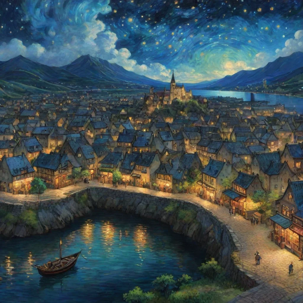 ai amazing epic town lit up at night sky epic lovely artistic ghibli van gogh happyness bliss peacedetailed asthetic hd wow