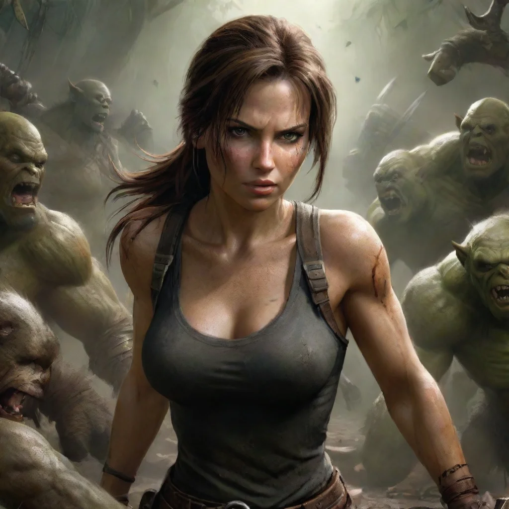 ai amazing fallen lara croft surrounded by angry orcs awesome portrait 2 wide