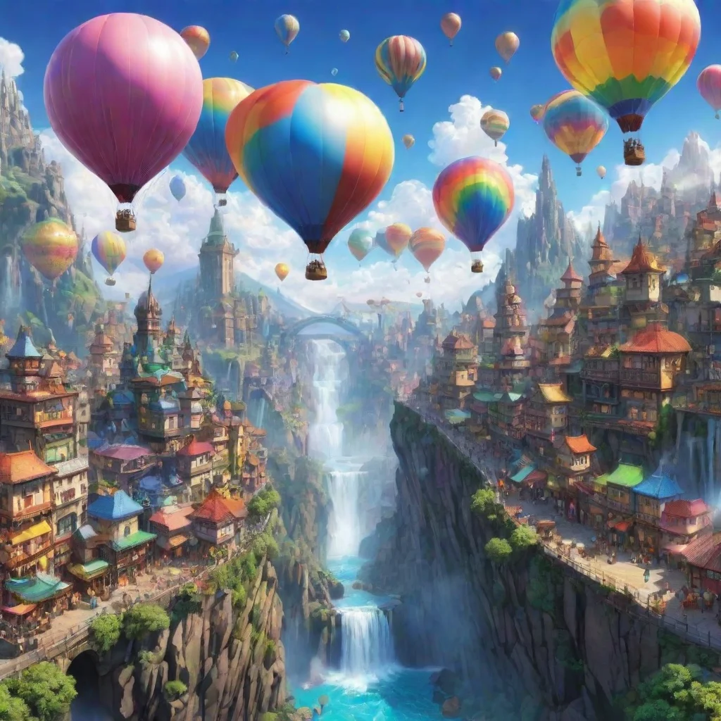  amazing fantasy anime ghibli world city with flying colorful hot air baloons cities waterfalls crystals rainbows planets