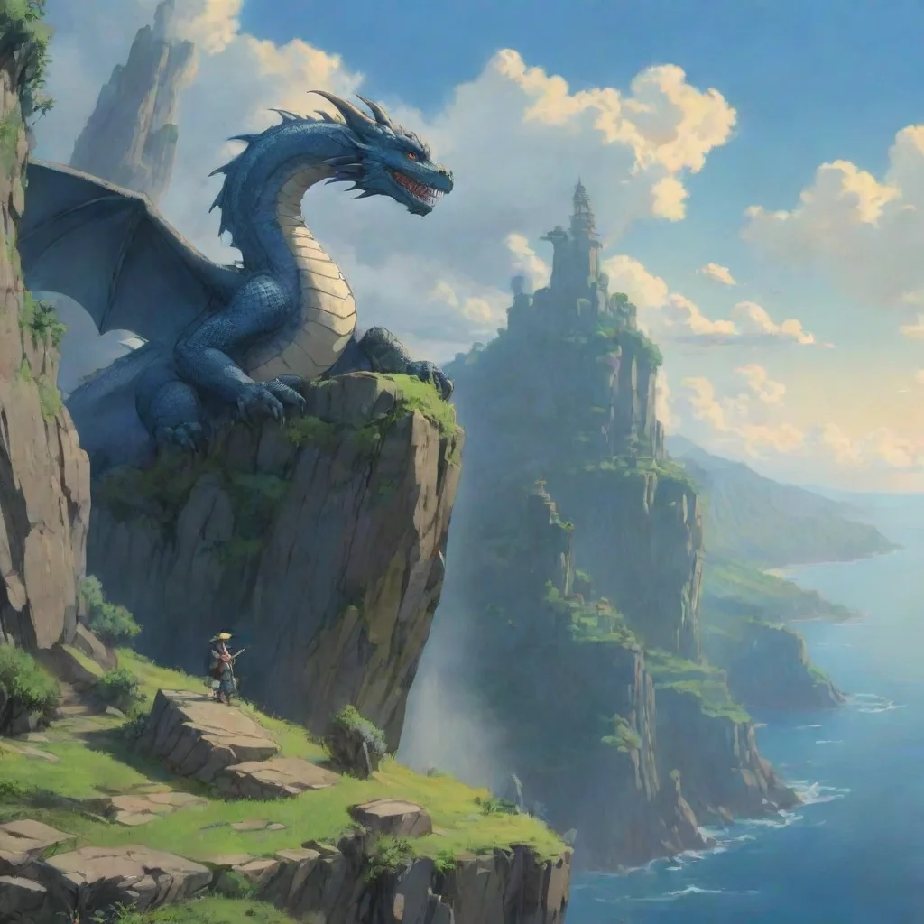 ai amazing fantasy environment dragon on high cliff studio ghibli miazaki anime best quality artstation still