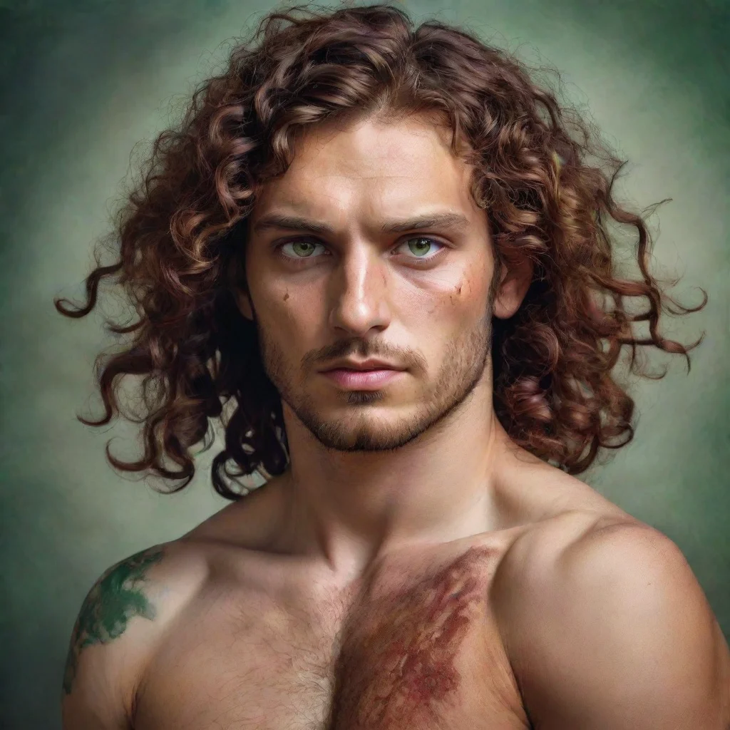 amazing fantasy portrait of a greek man with green eyes and curlyshoulder length brown hair with crimson scars that go t