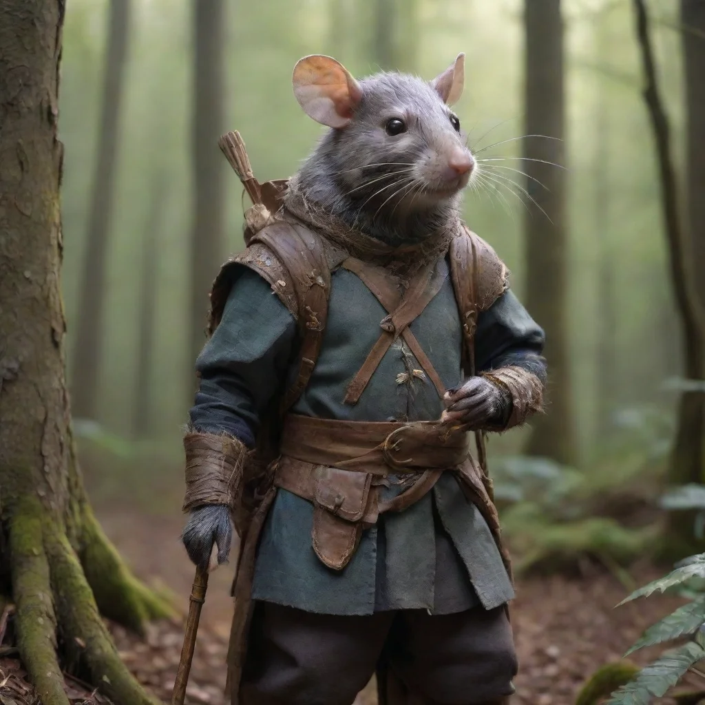  amazing fantasy rat knight in common garb in a forest with a toothpick for a walking stickwearing a large backpack aweso