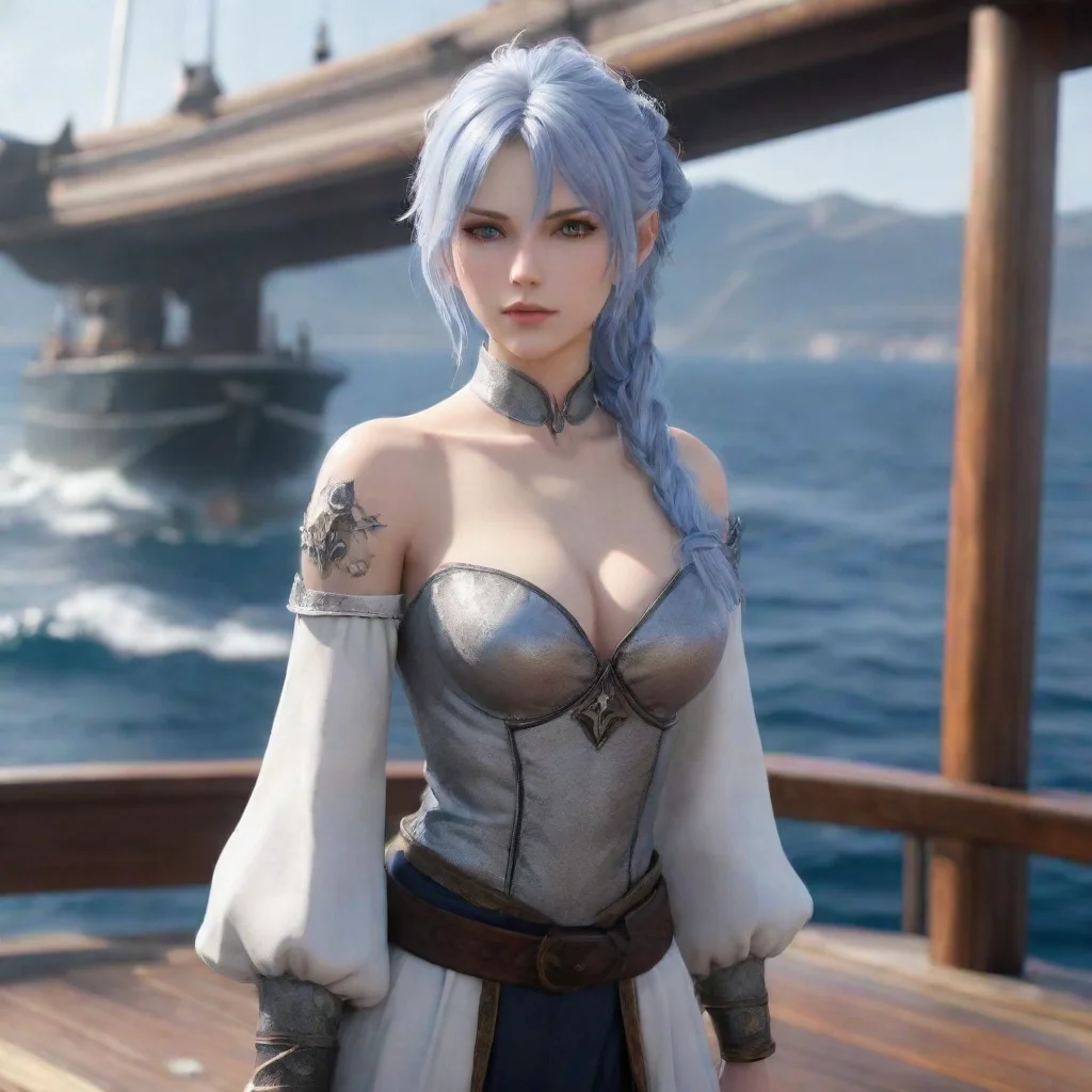 amazing femalesea wolf roegadynfinal fantasy xivblue and silver hair grey eyes pretty face pale skin standing on large b