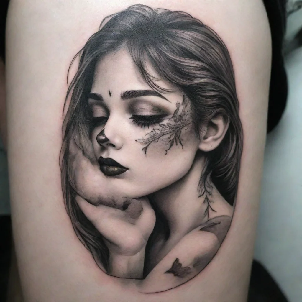 ai amazing fine line black and white tattoo kiss girl awesome portrait 2