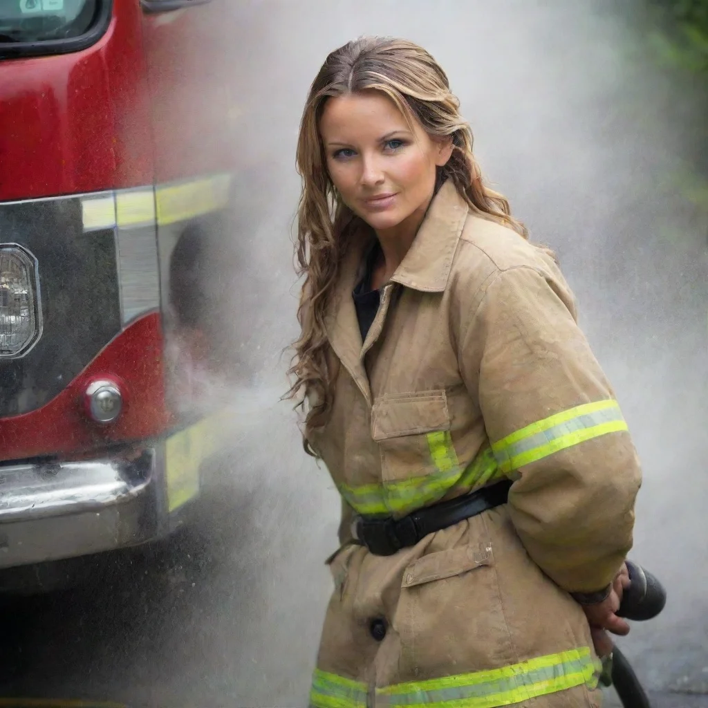 amazing firefighter babe spreads water with heavy hose awesome portrait 2