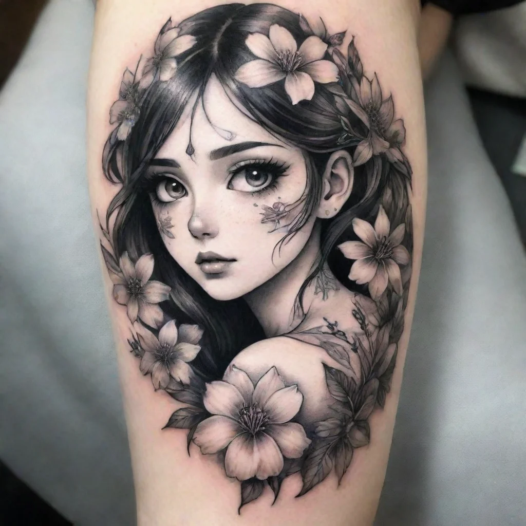 ai amazing flower anime fine line black and white tattoo awesome portrait 2