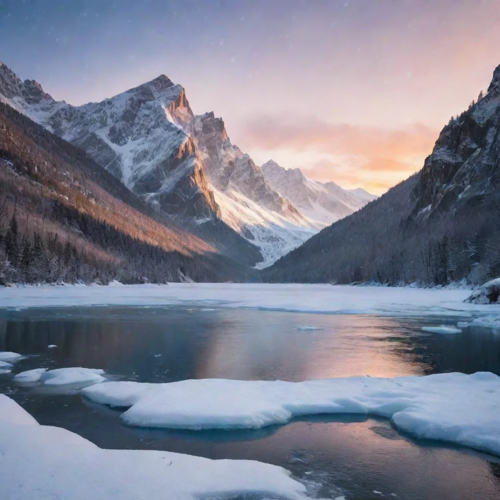 ai amazing frozen lake with snow falling down in a mountainous background and during a sunset awesome portrait 2 wide