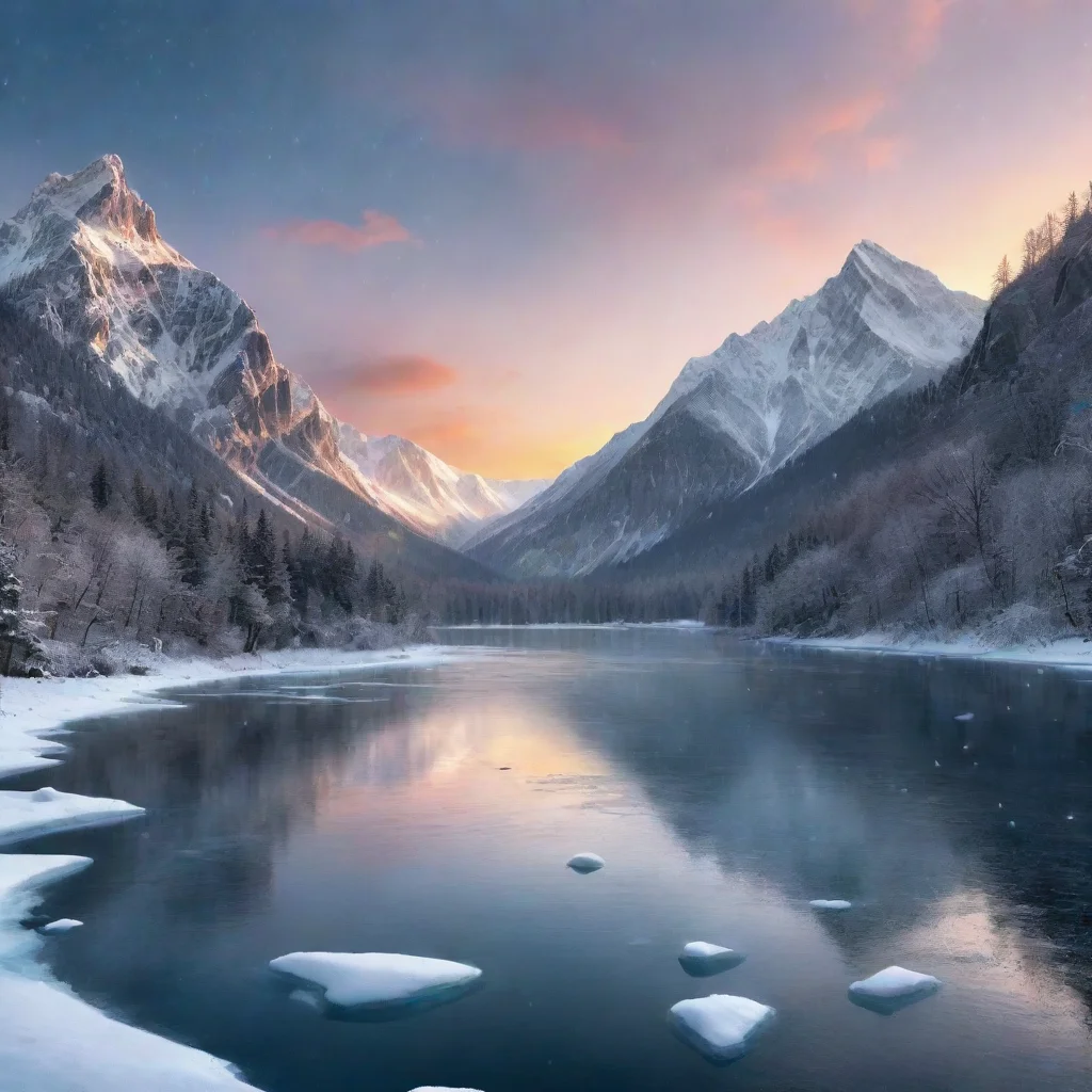 ai amazing frozen lake with snow falling down in a mountainous background and during a sunset in a graphical design awesome