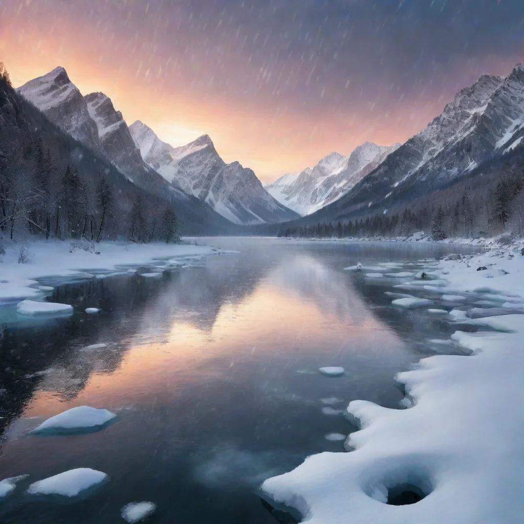  amazing frozen lake with snow falling down in a mountainous background and during a sunset in graphic design awesome por