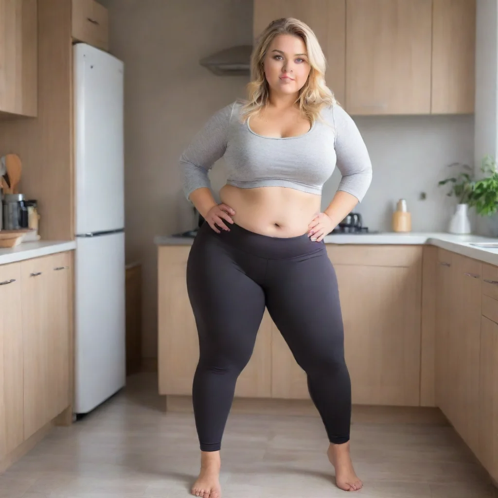  amazing full body imagebeautiful young womanslightly chubby bellyblondecute facein the kitchenlow waisted leggings aweso
