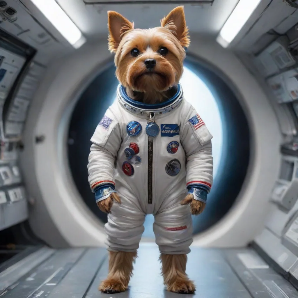  amazing full body standing on two foot yorkshire terrier astronaut holding a helmet under his arm hyper realistic trendi
