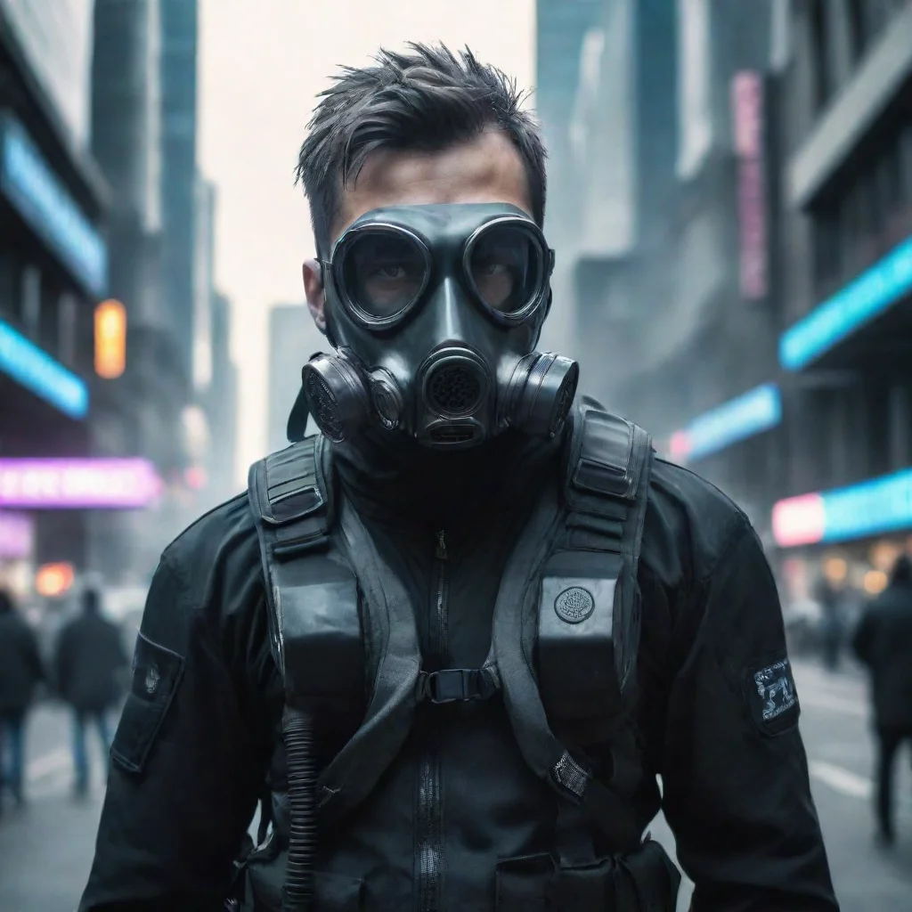 ai amazing future cyber punk police man wearing gas mask in a large city ai awesome portrait 2 wide