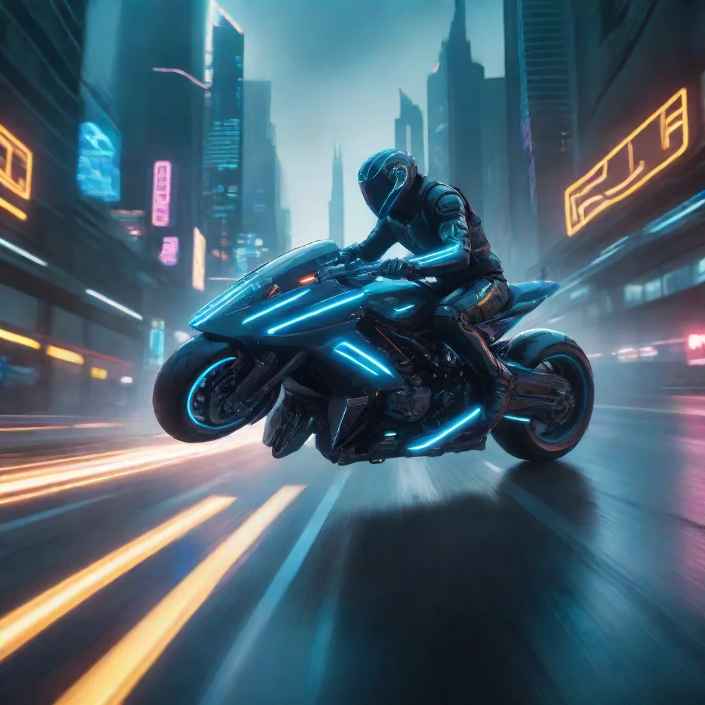 ai amazing futuristic cyberpunk motorcycle dashing down the highway towards a futuristic city in the style of tron awesome 