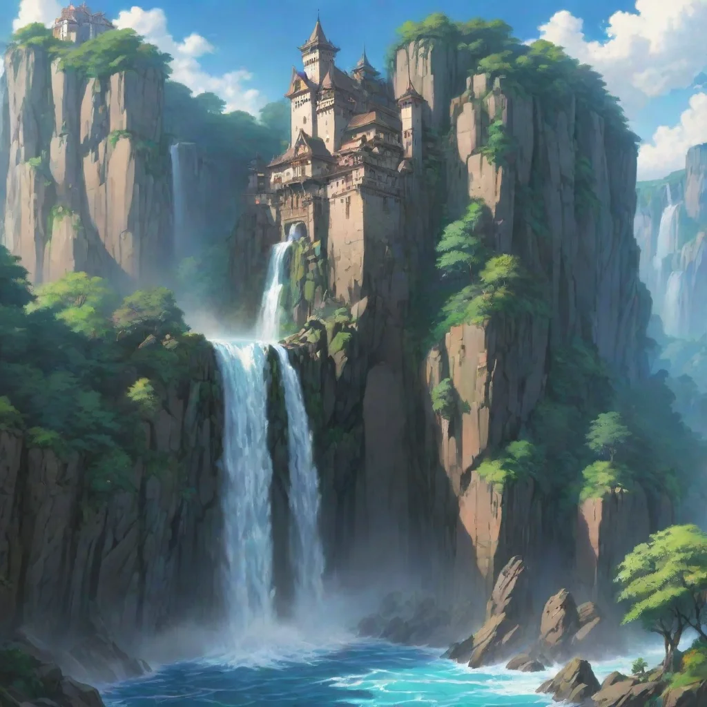 ai amazing ghibli artistic castle cliff waterfall hd anime aesthetic beauty wide