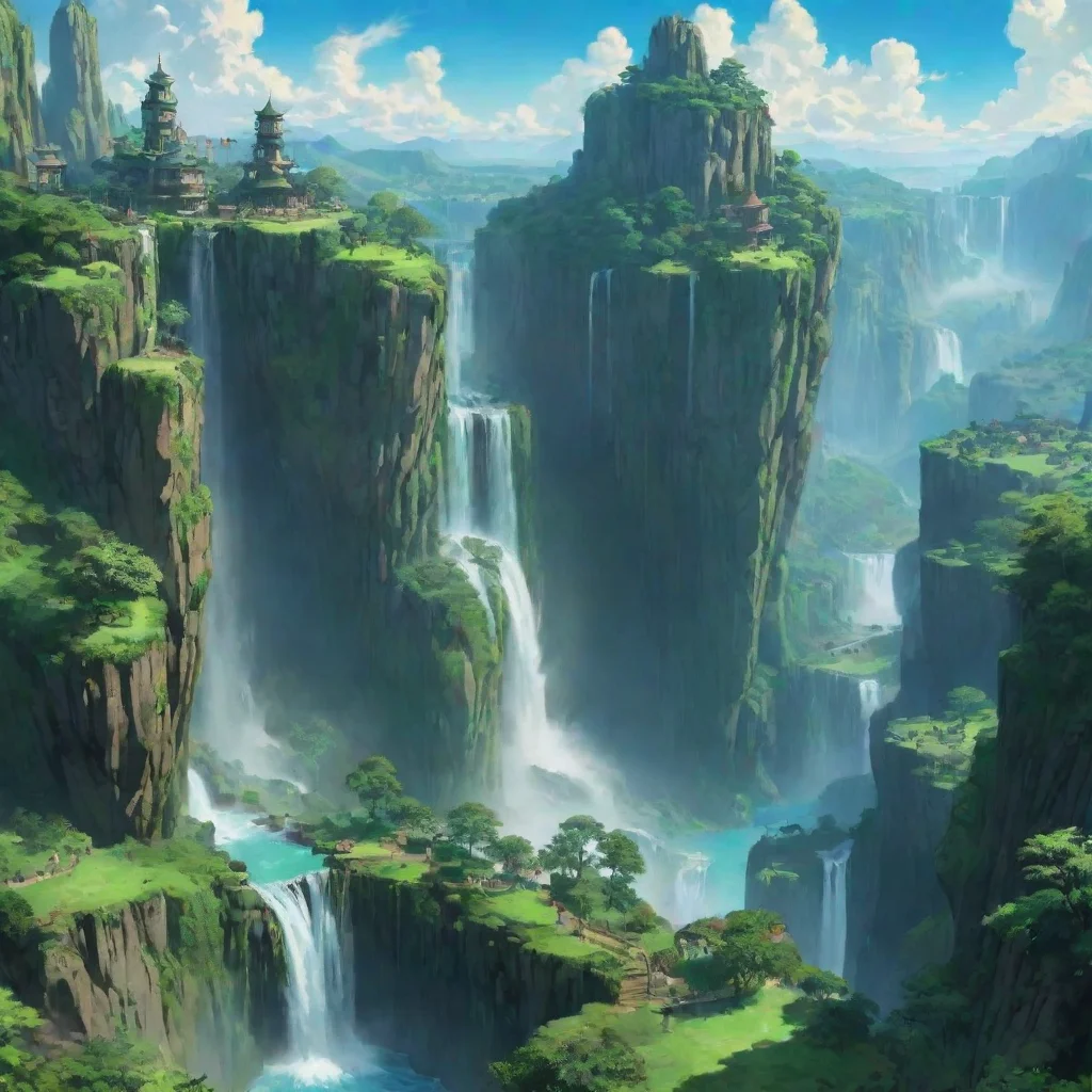 amazing giant green planet in sky anime ghibli city on floating cliffs with waterfalls best hd aesthetic wow awesome por