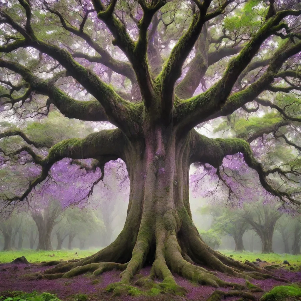  amazing giant magic tree with small purple flying particles around itlush green leaves with lush green moos around it aw