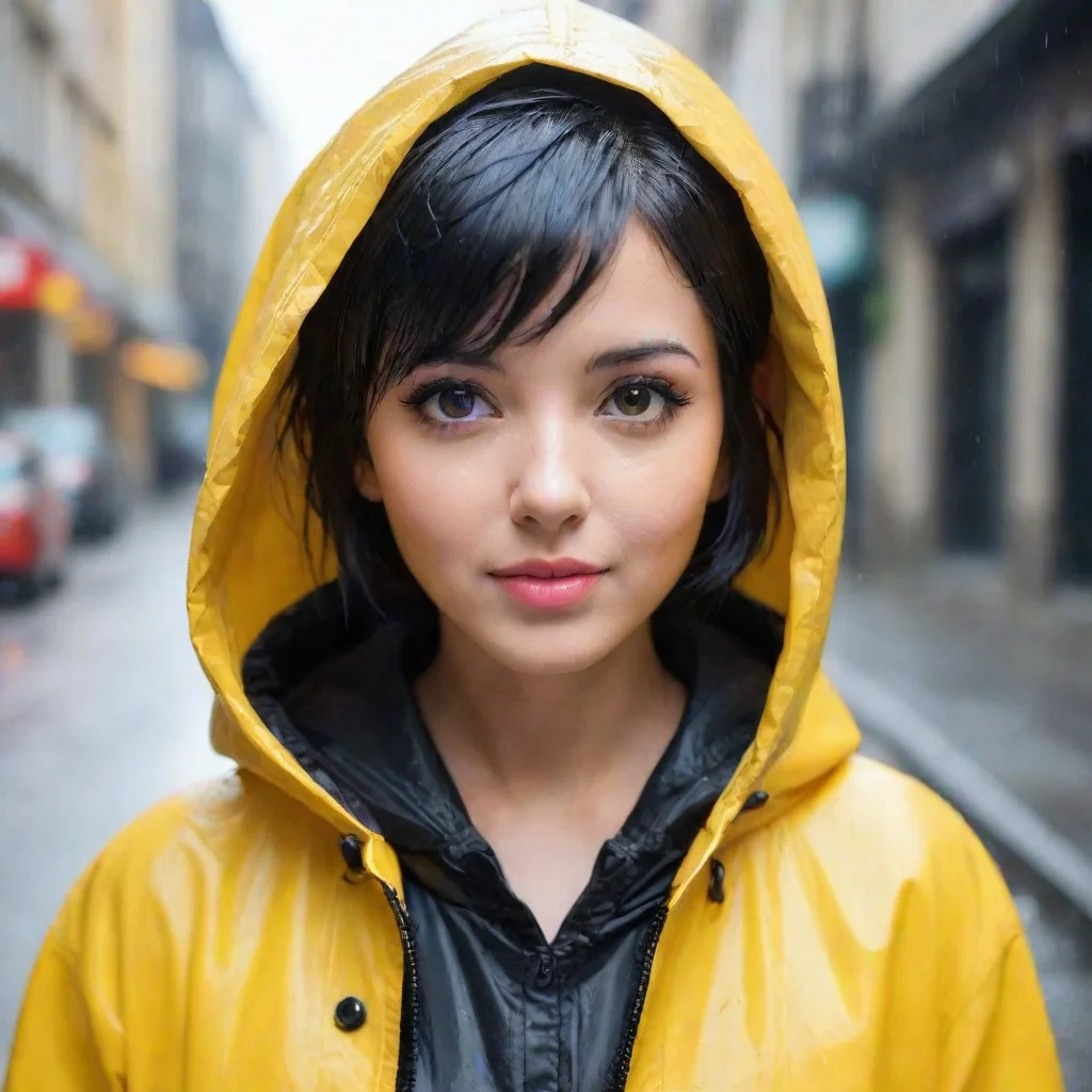  amazing girl with short cutted black hair with a yelloe raincoat awesome portrait 2