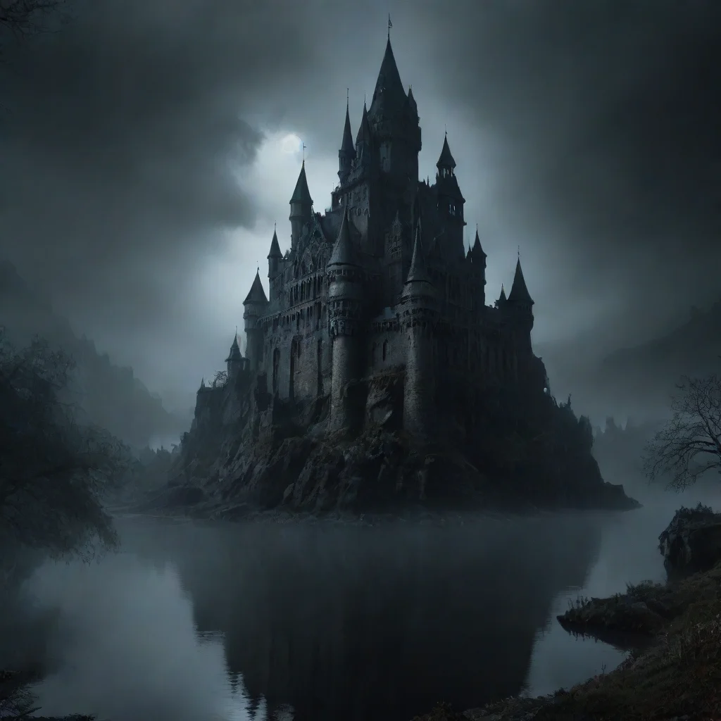  amazing gormenghast castle mutant city on far shore of lake misty night atmosphere dark noir detailed photography awesom