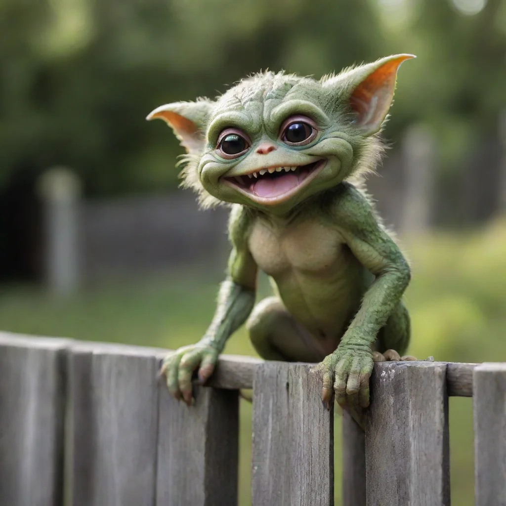 ai amazing gremlin sitting on a fence smiling awesome portrait 2 wide