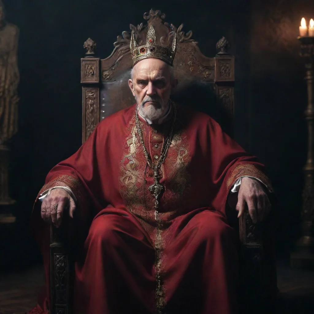 ai amazing handsome old satan evil king with slightly beard and an old masonicpope dress sitting on his throne in the dark 