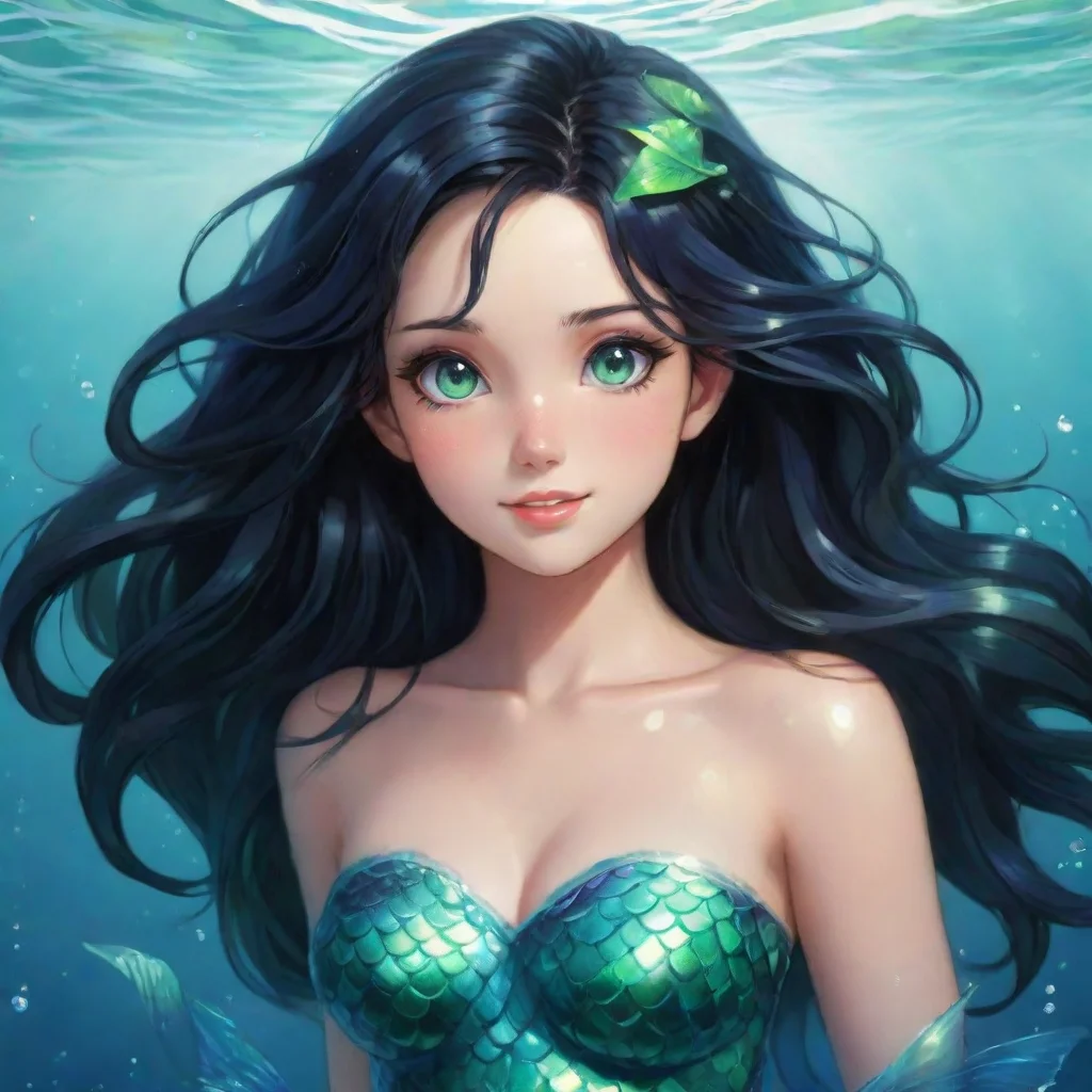 ai amazing happy anime mermaid with black hair and green eyes awesome portrait 2