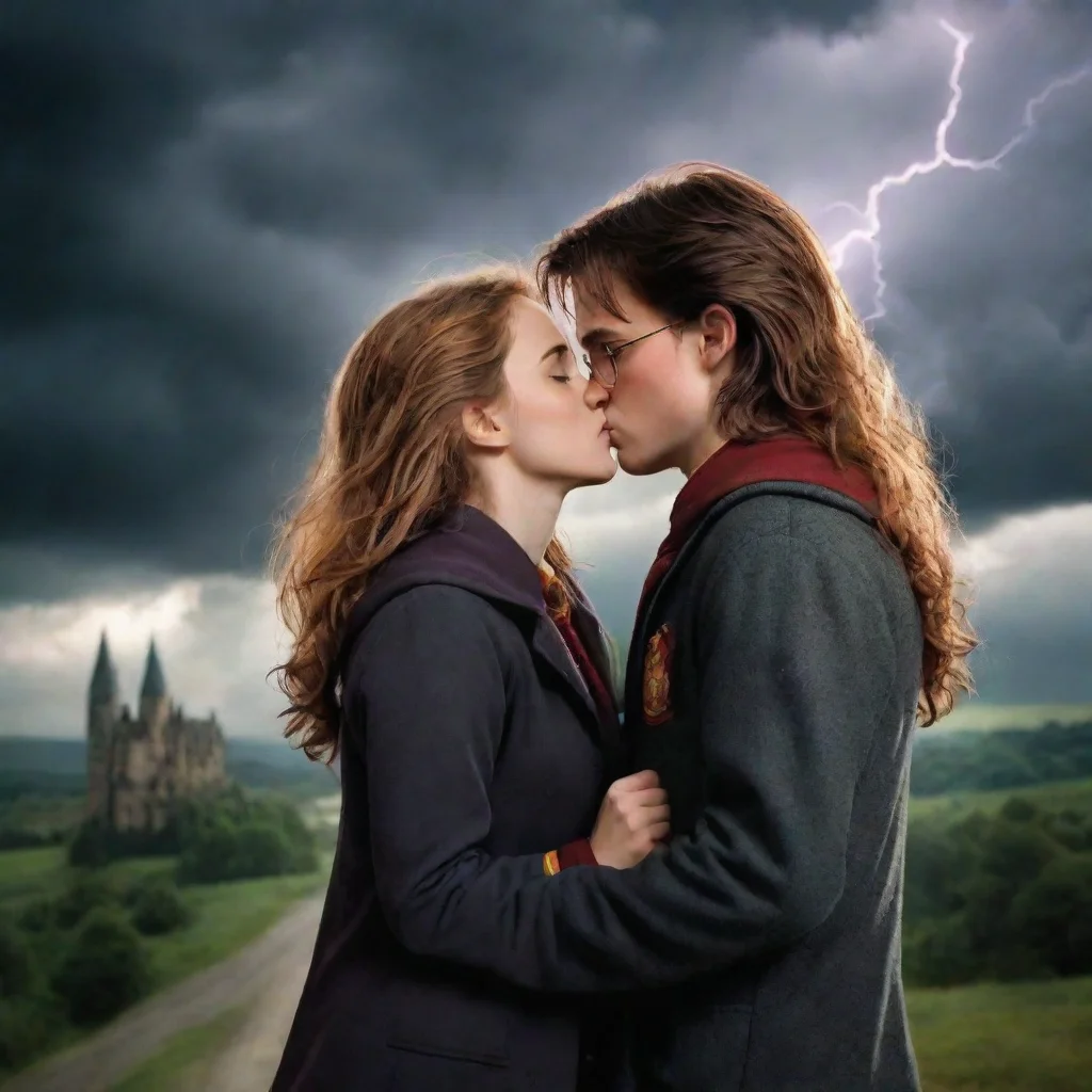 ai amazing harry potter and hermione kissingthunderstorm on the background awesome portrait 2