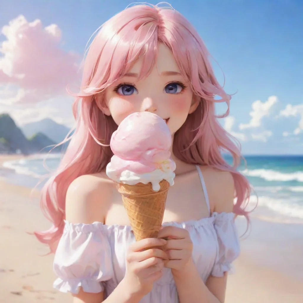 ai amazing hd art anime detailed aesthetic beautiful smile blush holding ice cream at beach
