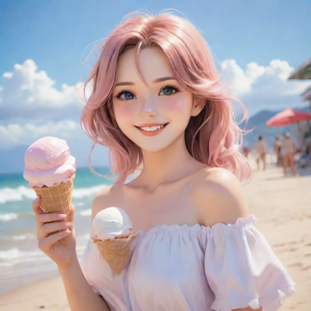 amazing hd art anime detailed aesthetic beautiful woman smile blush holding ice cream at beach