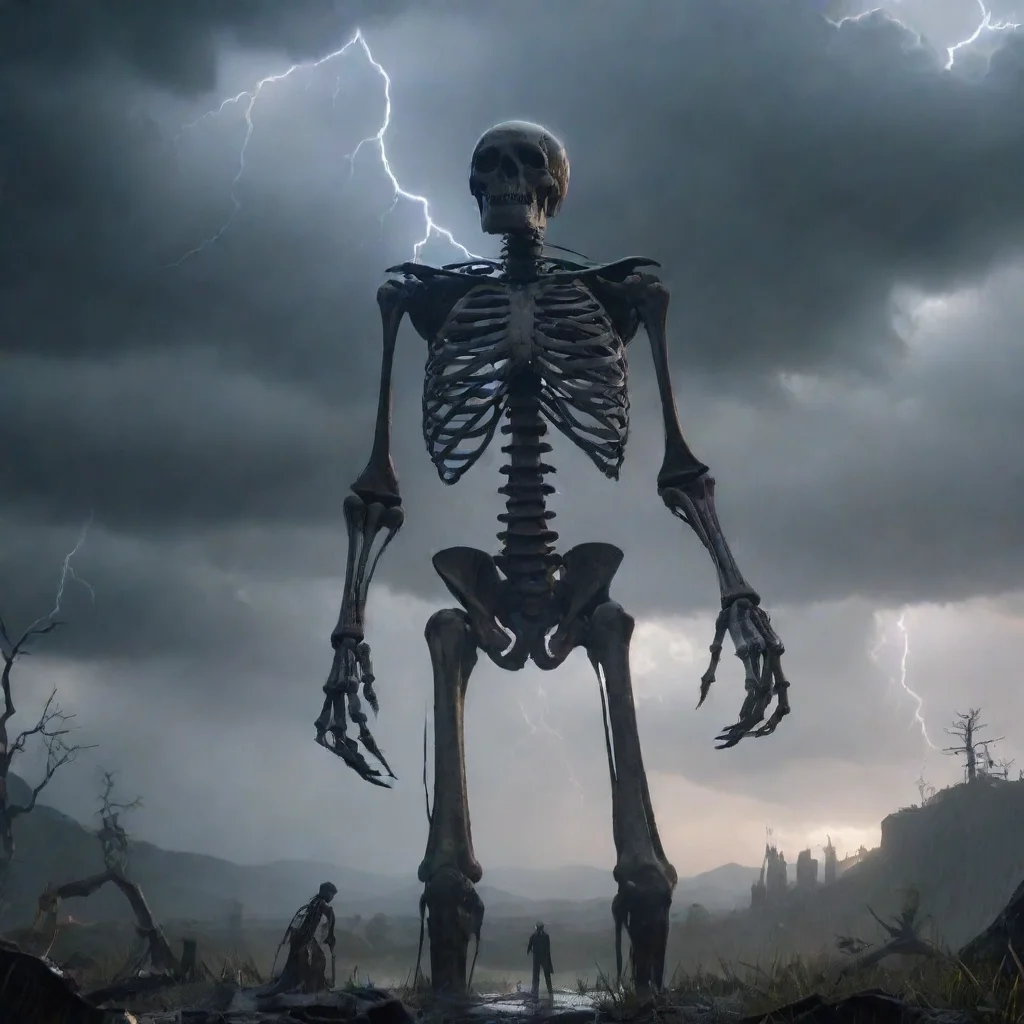 ai amazing hd best aesthetic giant skeleton fantasy landscape rain lightning cinematic wanderer looking at giant skeleton s