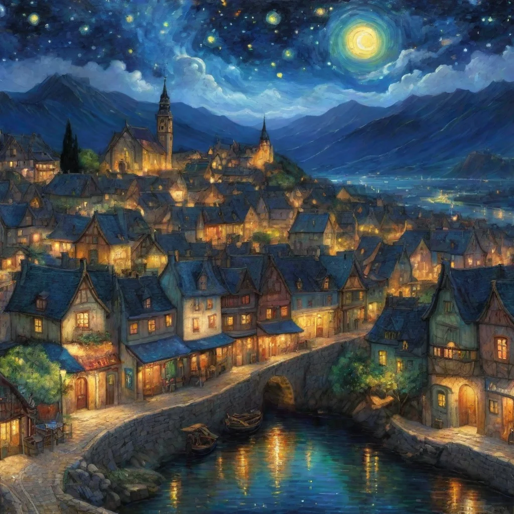 ai amazing heavenly epic town lit up at night sky epic lovely artistic ghibli van gogh happyness bliss peacedetailed asthet