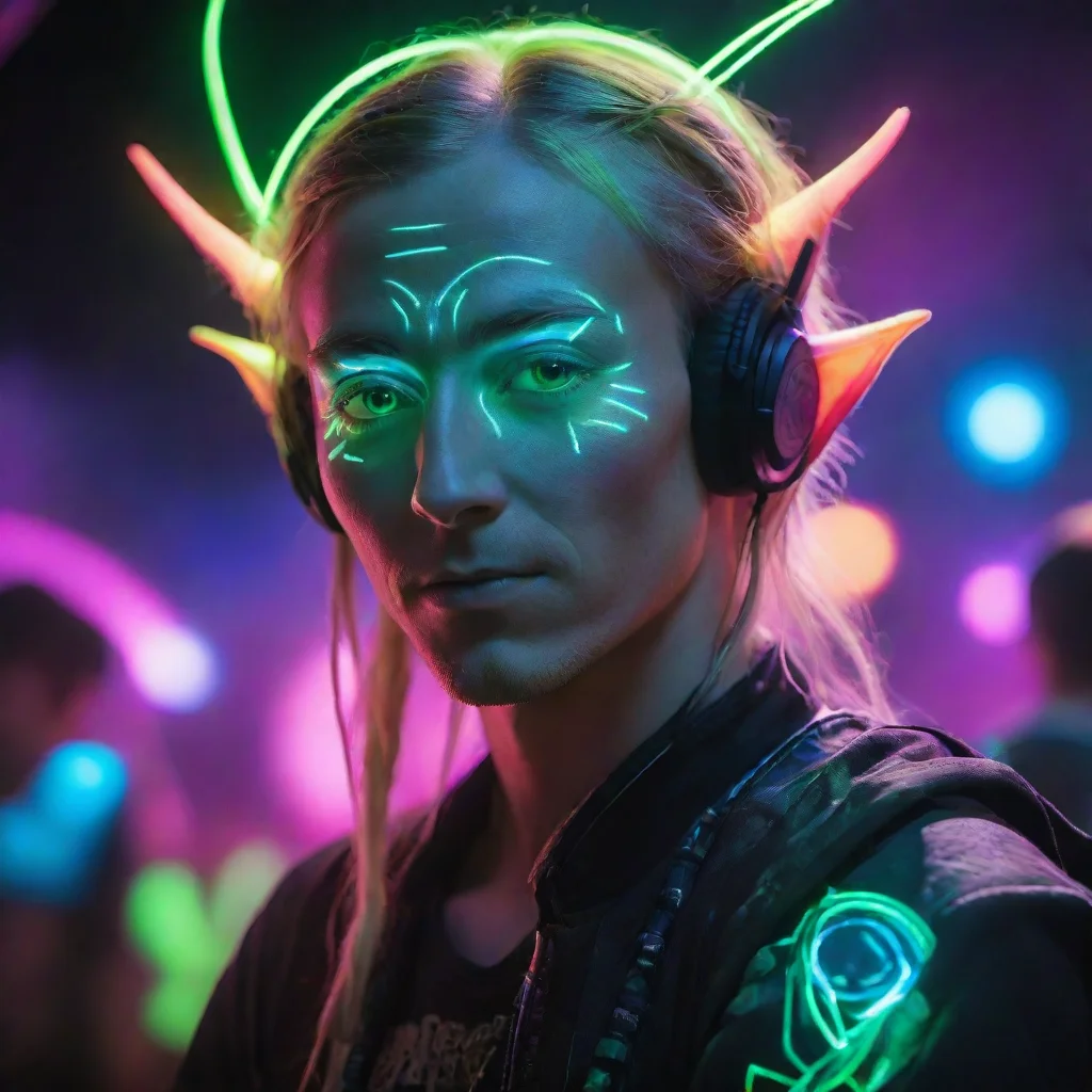  amazing high elf dj at a rave with lots of fluorescent elements awesome portrait 2 wide