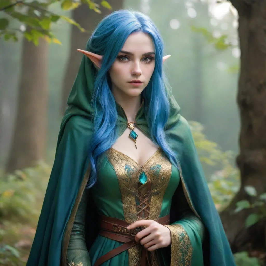 ai amazing high elf female bardblue hairgreen skinlong dress and a cloak awesome portrait 2