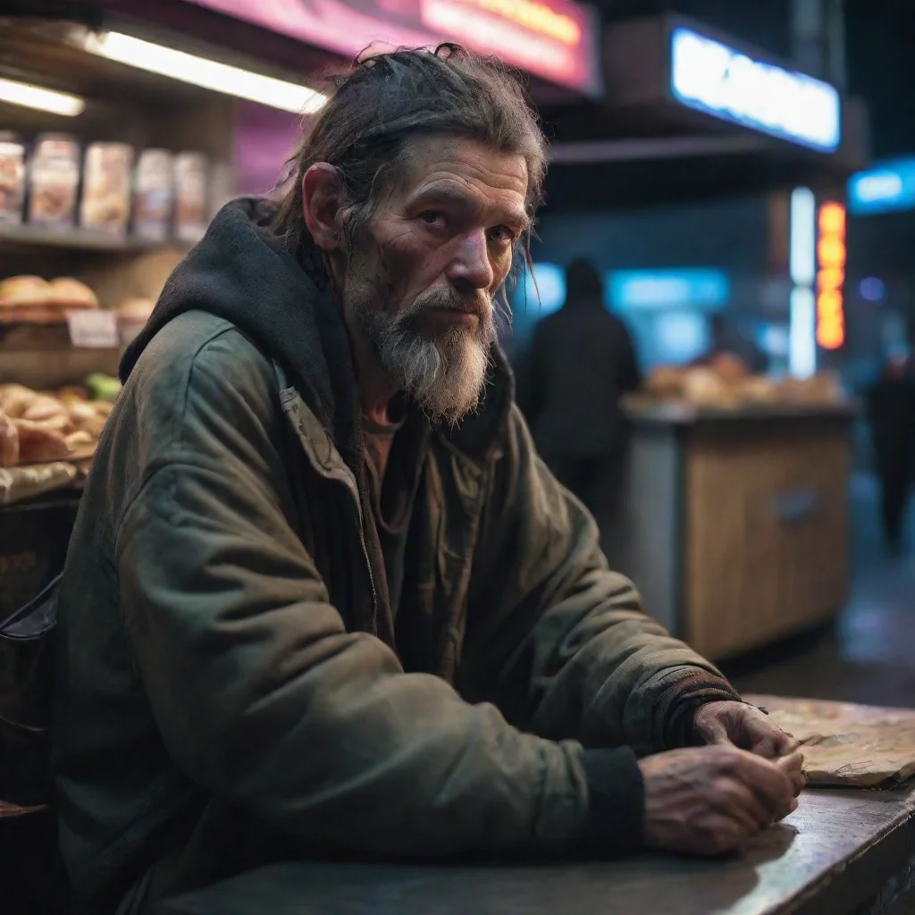 ai amazing homeless person in cyberpunk city at nightnext to a food stand awesome portrait 2