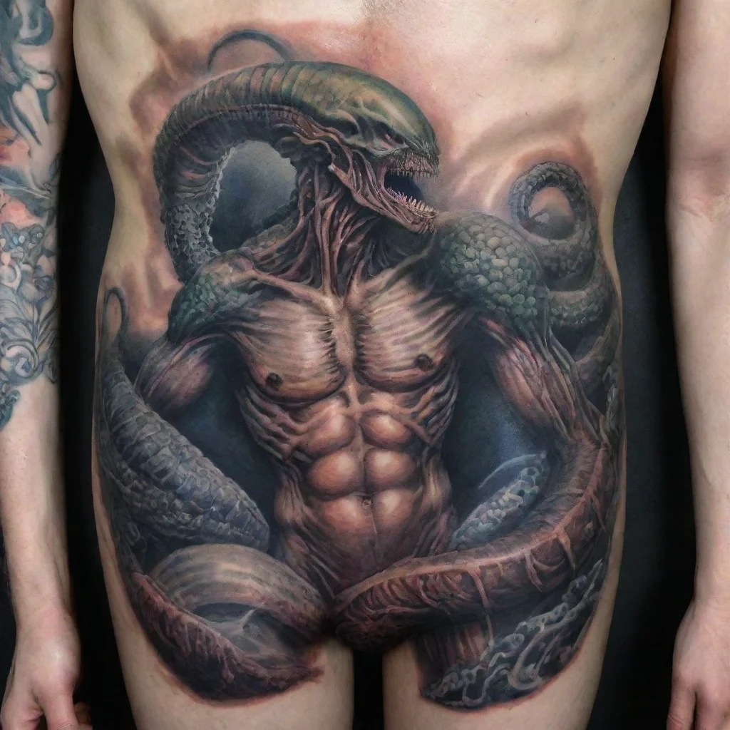 ai amazing hyper realistic epic cthulhu monster xenomorph pelvic floor muscular wet slithery with hokusai tattoos character