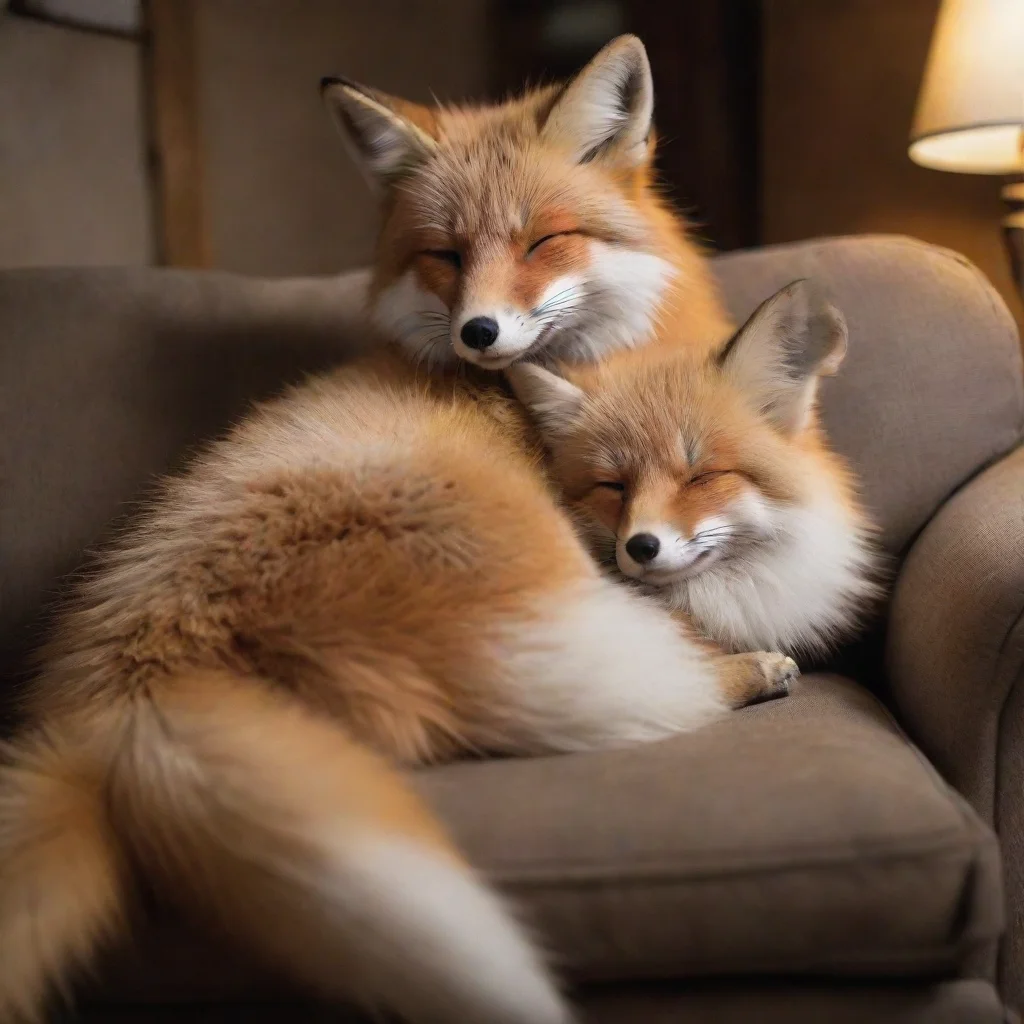 ai amazing hyper realistic red arctic foxanthro sitting on a couch petting a human thats fallen asleep in it s lap awesome 