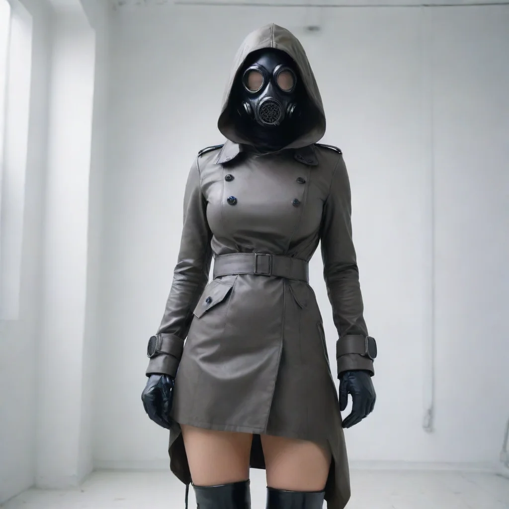  amazing hyperrealistic gasmask fetish girl with trench coat with zipperwide narrow belt with tightly tied hoodstanding i